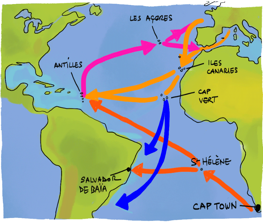 Carte des routes maritimes transatlantiques à la voile