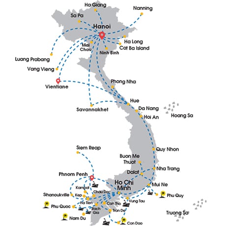 Carte des trajets de bus au Vietnam